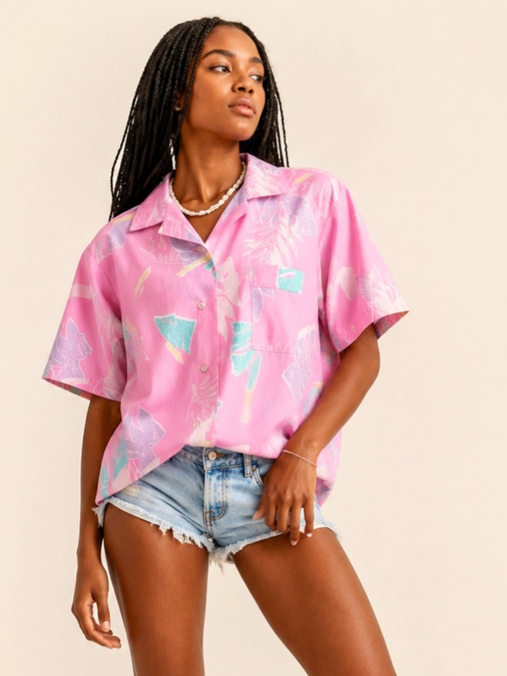 Vintage 80s Aloha Surfcore Tropical Button Down Shirt Pink Sz M